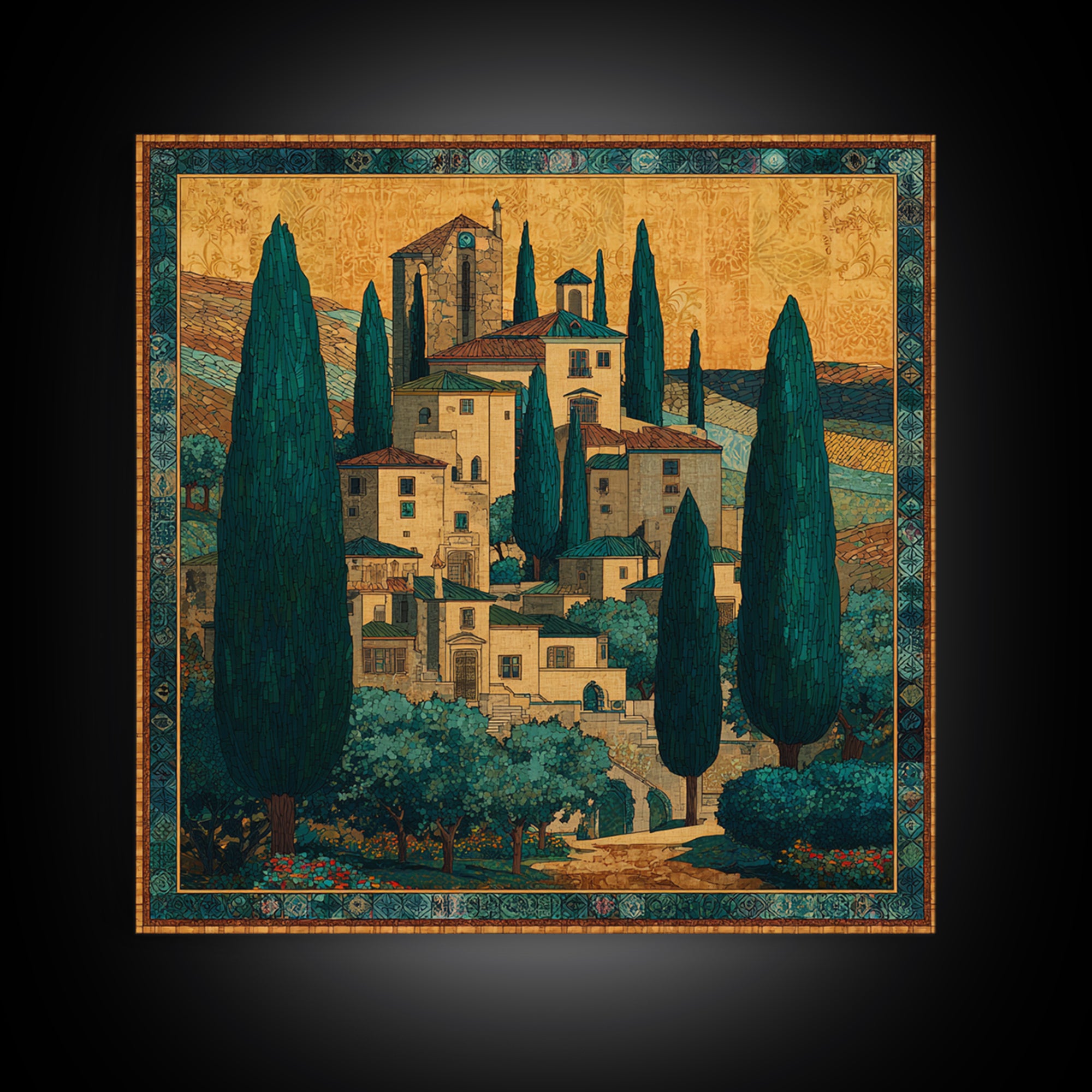Tuscan Hillside with Cypress Trees and Golden Canvas Print, Italian Villa Art, Farmhouse Wall Art, Living Room Decor, Villa, IVA-1x1-1