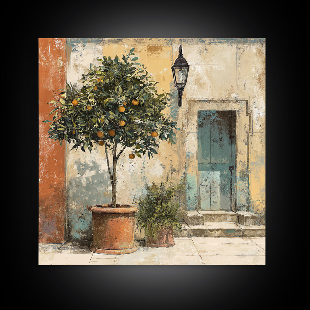 Orange Tree in a Courtyard Planter Canvas Print, Italian Villa Art, Coastal Decor, Living Room Decor, Fine Art, Villa, IVA-1x1-14
