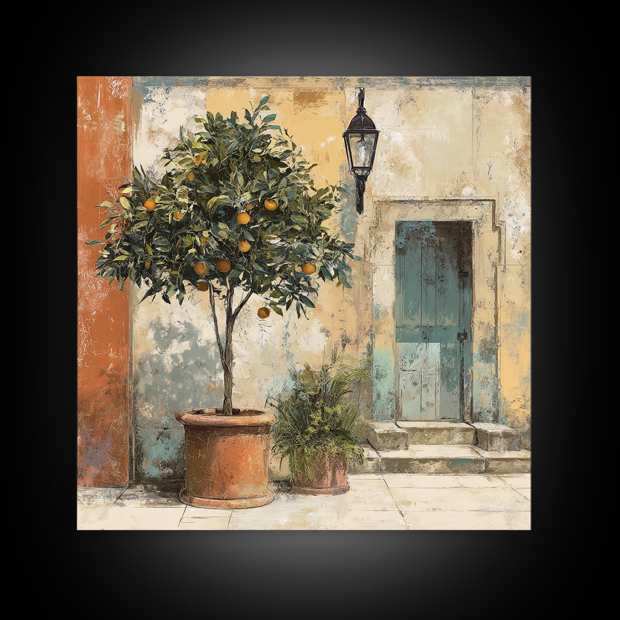 Orange Tree in a Courtyard Planter Canvas Print, Italian Villa Art, Coastal Decor, Living Room Decor, Fine Art, Villa, IVA-1x1-14