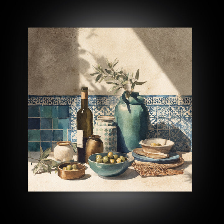 White Wine and Olives Still Life Framed Canvas Print, Italian Villa Art, Farmhouse Wall Art, Living Room Decor, Watercolor Art, IVA-1x1-16