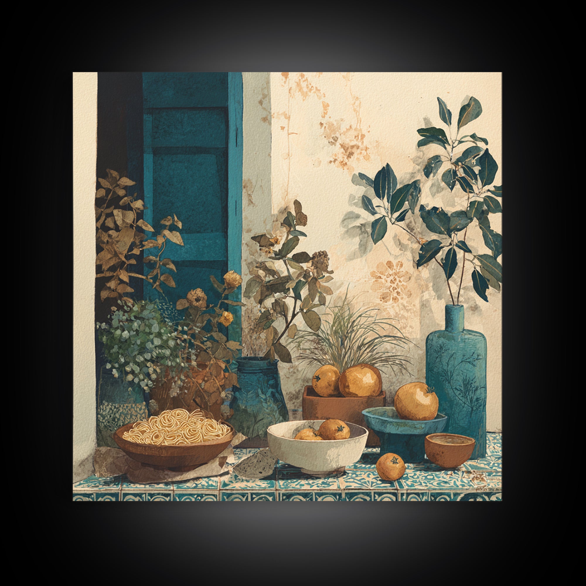 Pasta Herbs and Tomatoes Still Life Canvas Print, Italian Villa Art, Living Room Wall Art, Living Room Decor, Watercolor Art, IVA-1x1-19