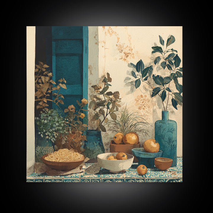 Pasta Herbs and Tomatoes Still Life Canvas Print, Italian Villa Art, Living Room Wall Art, Living Room Decor, Watercolor Art, IVA-1x1-19