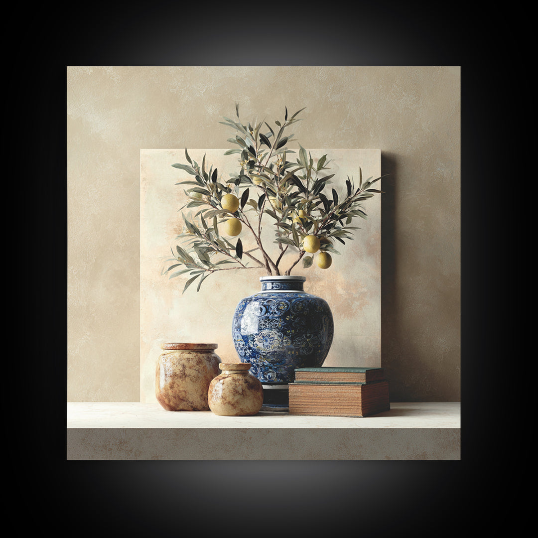 Lemon Branch in Blue Ceramic Vase Framed Canvas Print, Italian Villa Art, Bedroom Wall Art, Living Room Decor, Oil Painting, IVA-1x1-2