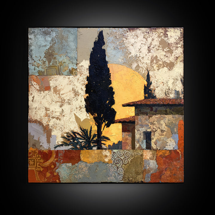 Cypress Silhouette at Sunset Framed Canvas Print, Italian Villa Art, Landscape Painting, Living Room Decor, Fine Art, Villa, IVA-1x1-21