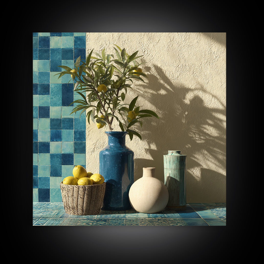 Lemon Branch in Blue Ceramic Vase Canvas Print, Italian Villa Art, Gallery Wall, Living Room Decor, Watercolor Art, Villa, IVA-1x1-26