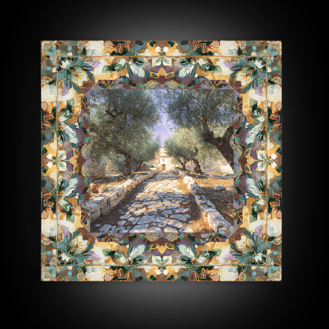 Olive Grove Path Framed Canvas Print, Italian Villa Art, Bedroom Wall Decor, Living Room Decor, Villa, Neutral Wall Art, IVA-1x1-27