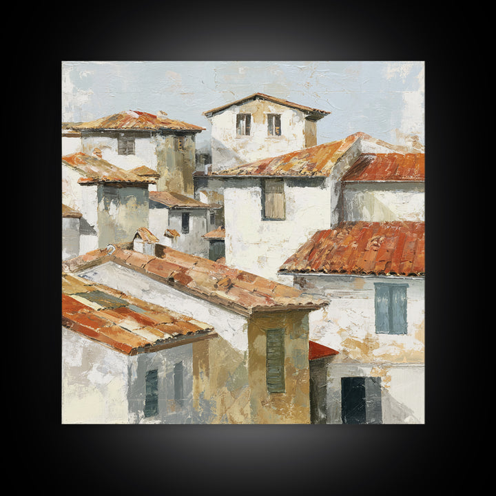 Terracotta Rooftops Against Pale Sky Framed Canvas Print, Italian Villa Art, Printable Art, Living Room Decor, Oil Painting, IVA-1x1-28