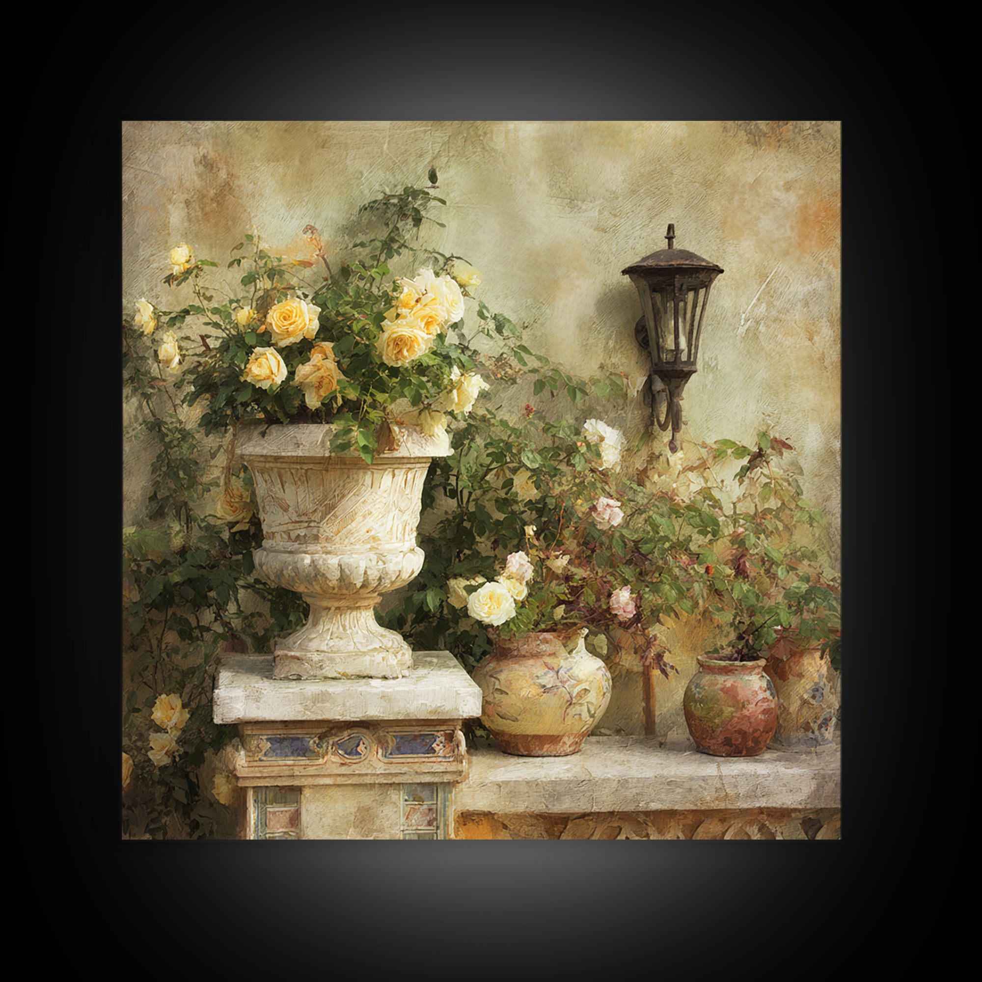 Italian Villa Garden Urn Canvas Print, Italian Villa Art, Landscape Art, Living Room Decor, Watercolor Art, Villa, IVA-1x1-30