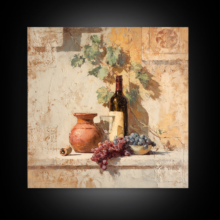 Grapevine and Wine Still Life on Linen Canvas Print, Italian Villa Art, Coastal Wall Art, Living Room Decor, Abstract Art, IVA-1x1-31