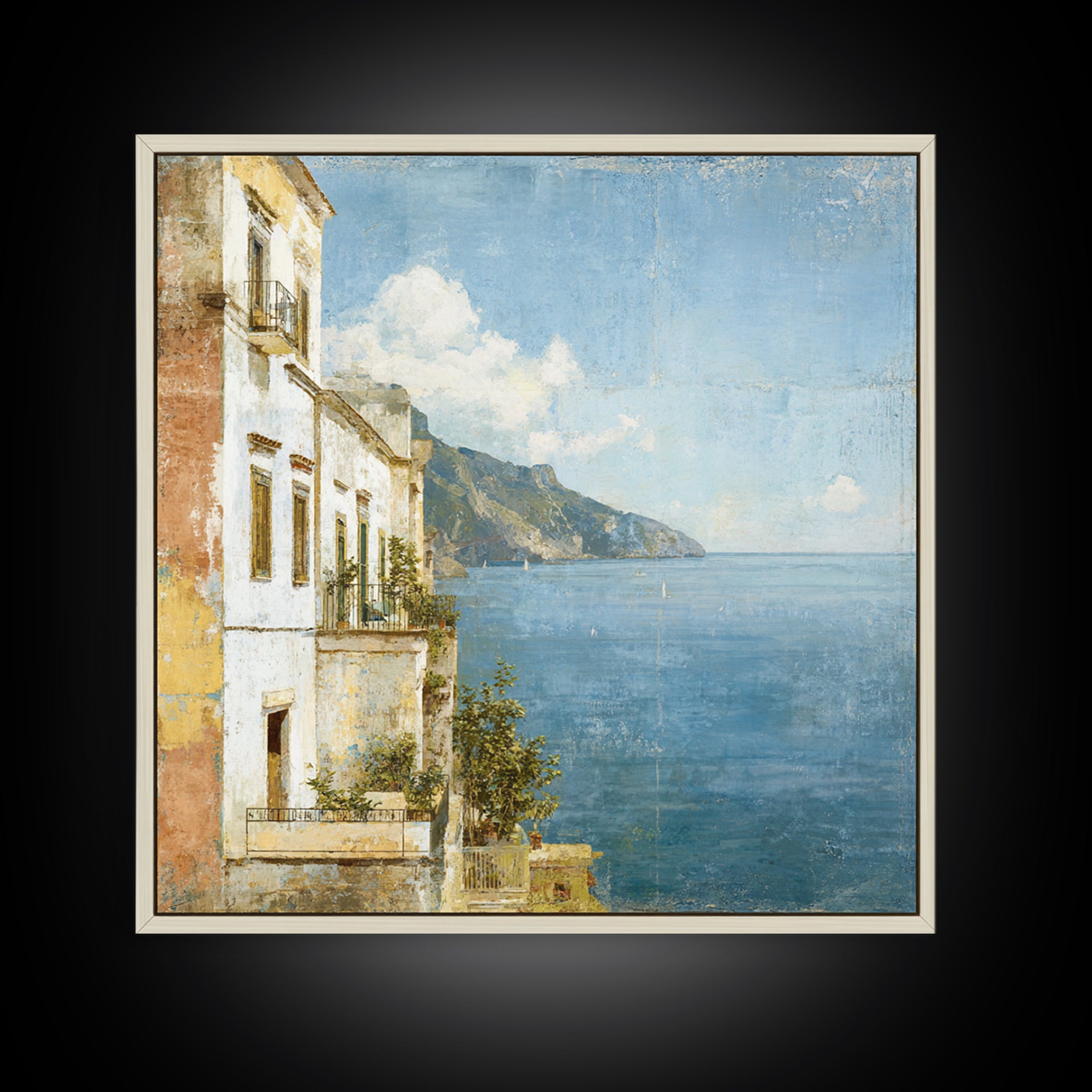 Amalfi Coast Cliffs Framed Canvas Print, Italian Villa Art, Colorful Wall Art, Living Room Decor, Oil Painting, Villa, IVA-1x1-37