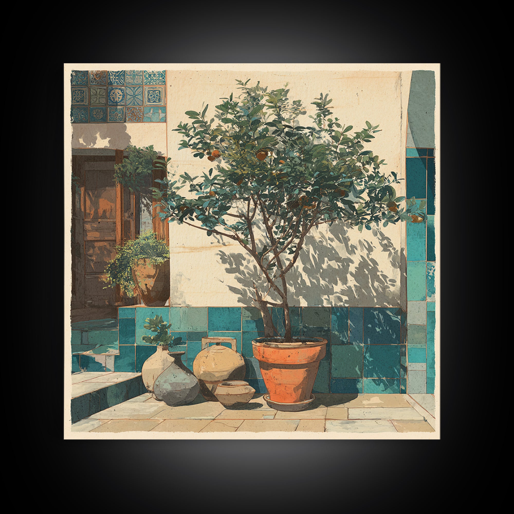 Orange Tree in a Courtyard Planter Framed Canvas Print, Italian Villa Art, Digital Download Art, Living Room Decor, Villa, IVA-1x1-38