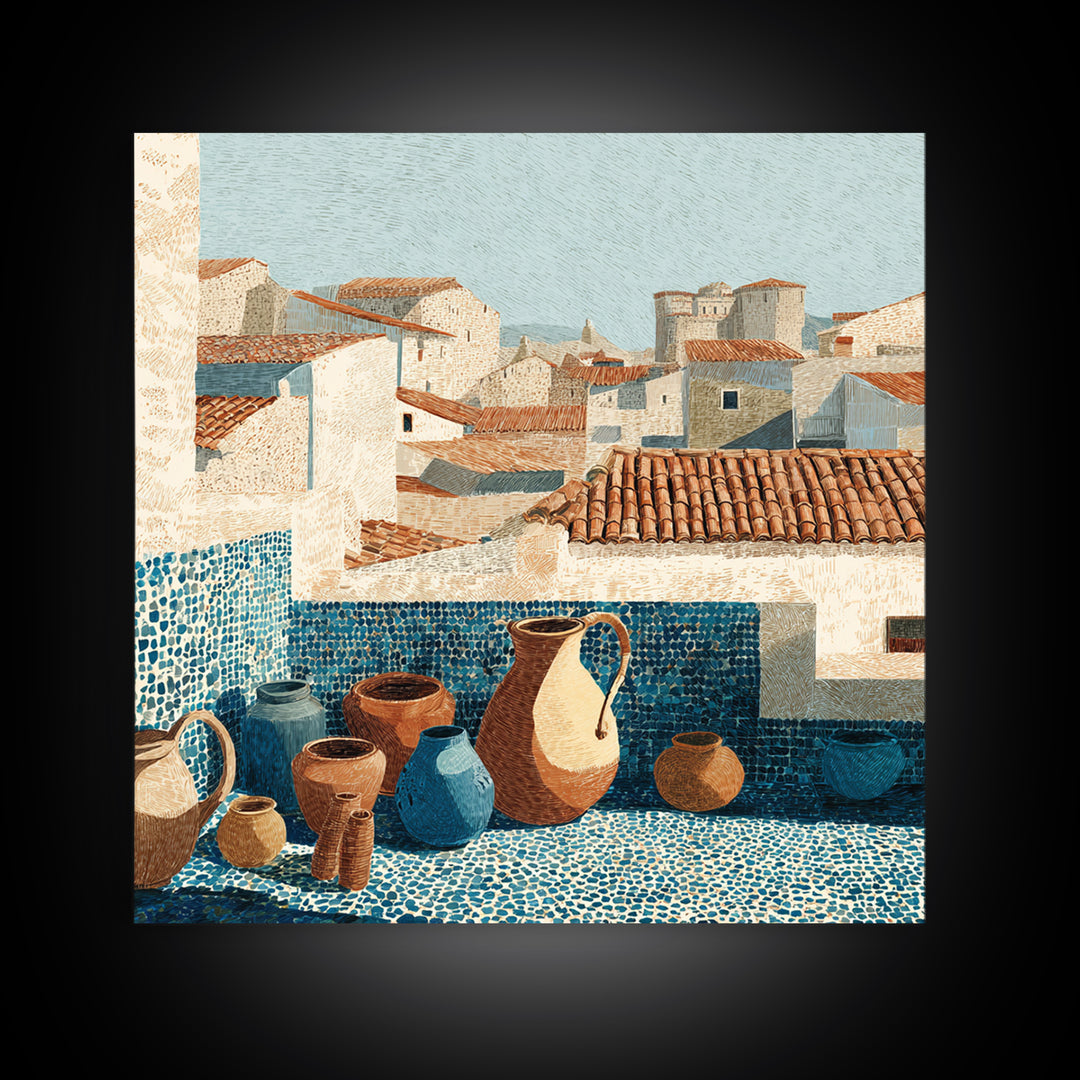 Terracotta Rooftops Against Pale Sky Canvas Print, Italian Villa Art, Wall Art Prints, Living Room Decor, Watercolor Art, Villa, IVA-1x1-4