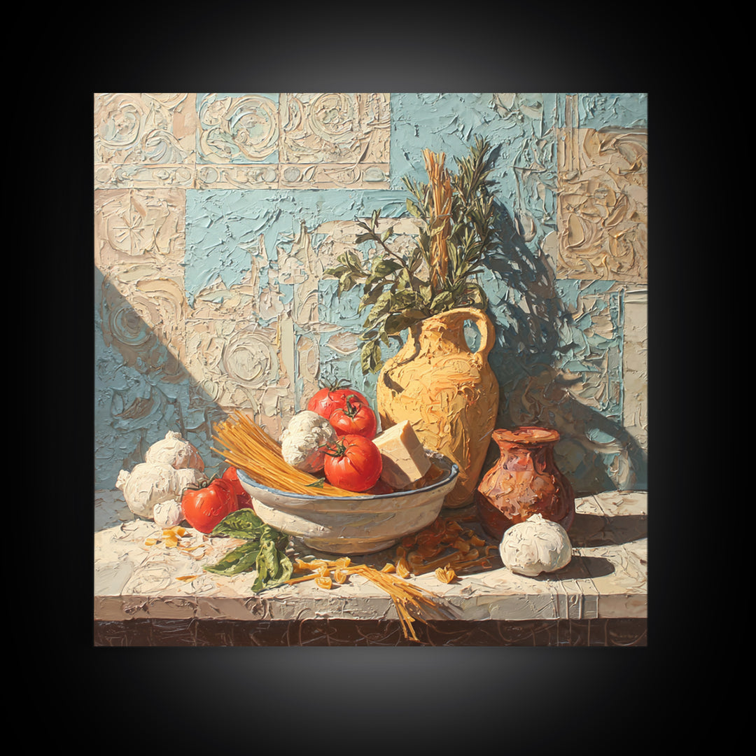 Pasta Herbs and Tomatoes Still Life Framed Canvas Print, Italian Villa Art, Farmhouse Wall Art, Living Room Decor, Oil Painting, IVA-1x1-43