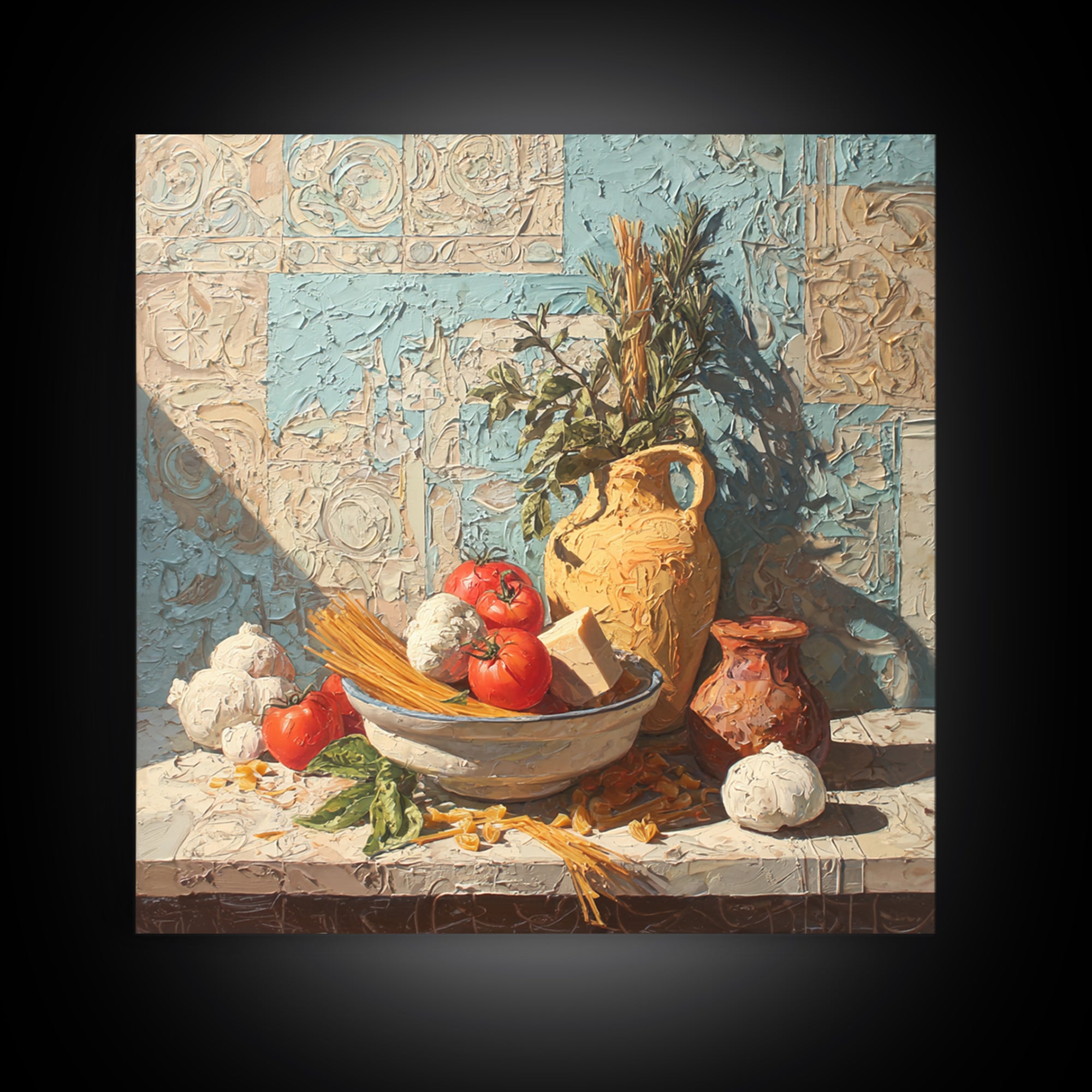 Pasta Herbs and Tomatoes Still Life Framed Canvas Print, Italian Villa Art, Farmhouse Wall Art, Living Room Decor, Oil Painting, IVA-1x1-43