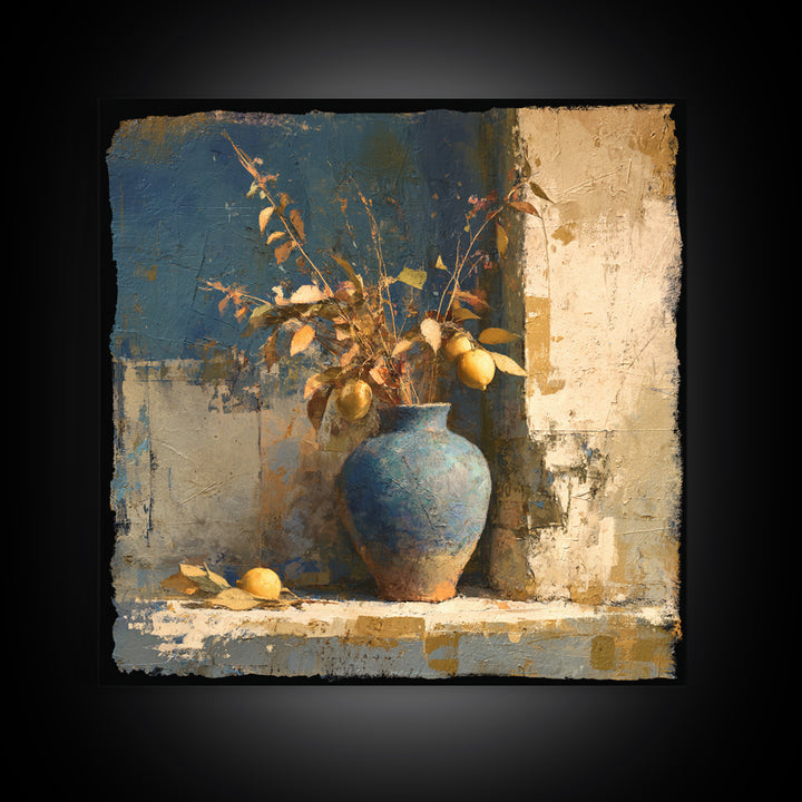 Lemon Branch in Blue Ceramic Vase Canvas Print, Italian Villa Art, Gallery Wall, Living Room Decor, Watercolor Art, Villa, IVA-1x1-50