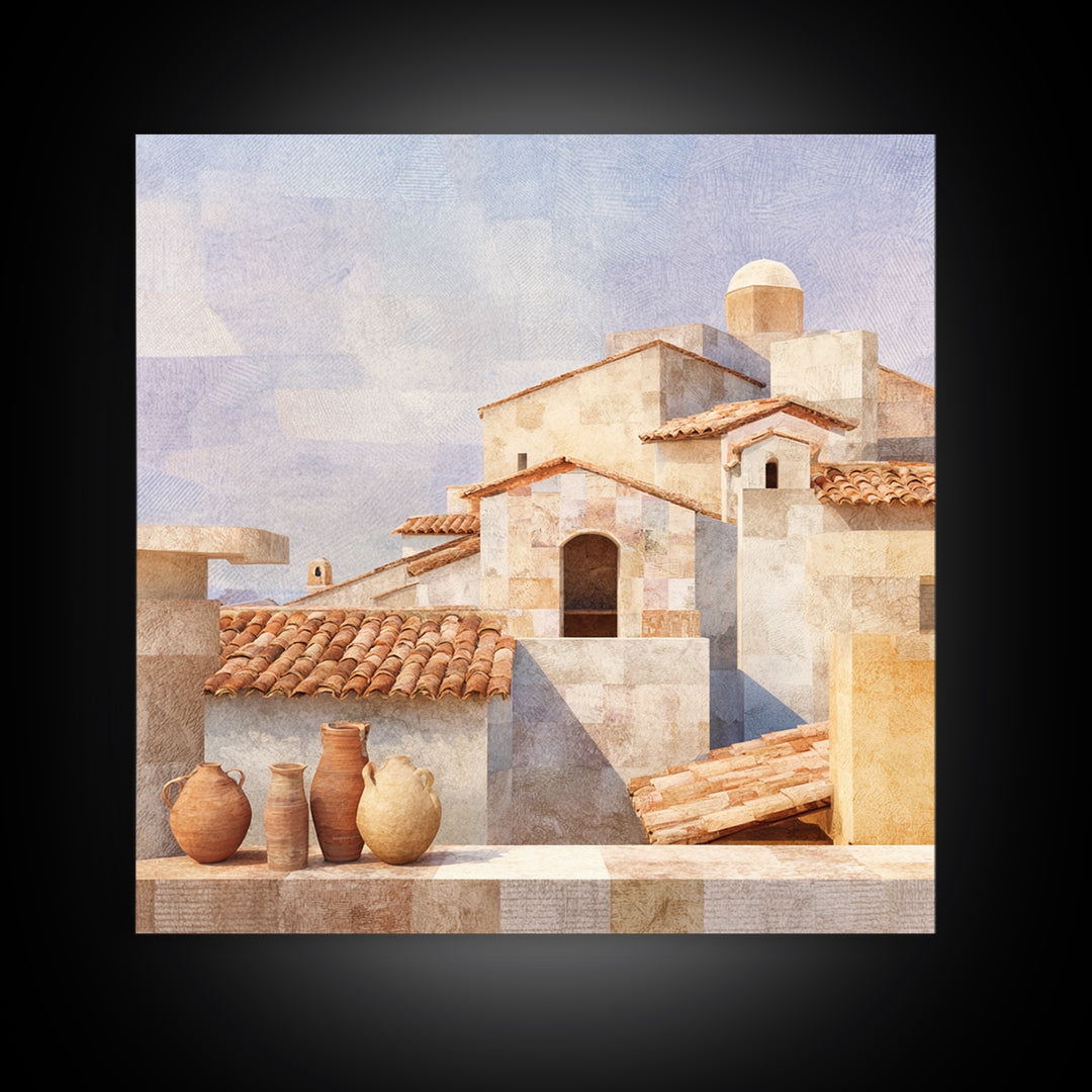 Terracotta Rooftops Against Pale Sky Framed Canvas Print, Italian Villa Art, Colorful Wall Art, Living Room Decor, Villa, IVA-1x1-52
