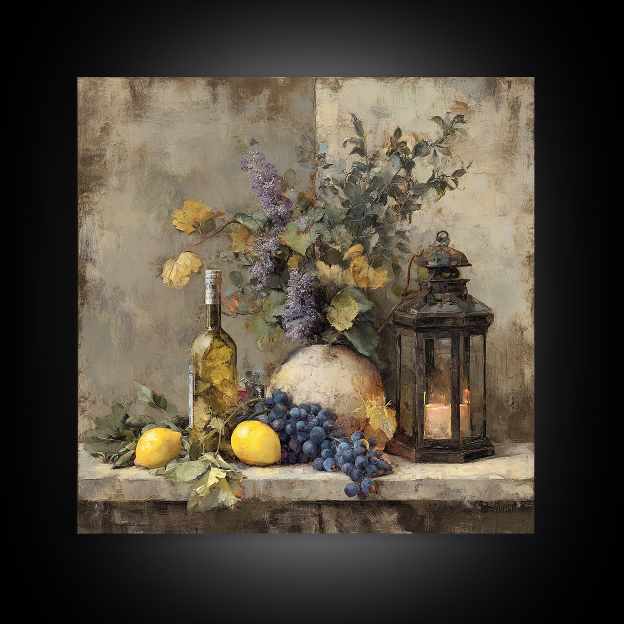 Grapevine and Wine Still Life on Linen Canvas Print, Italian Villa Art, Neutral Wall Art, Living Room Decor, Abstract Art, IVA-1x1-55