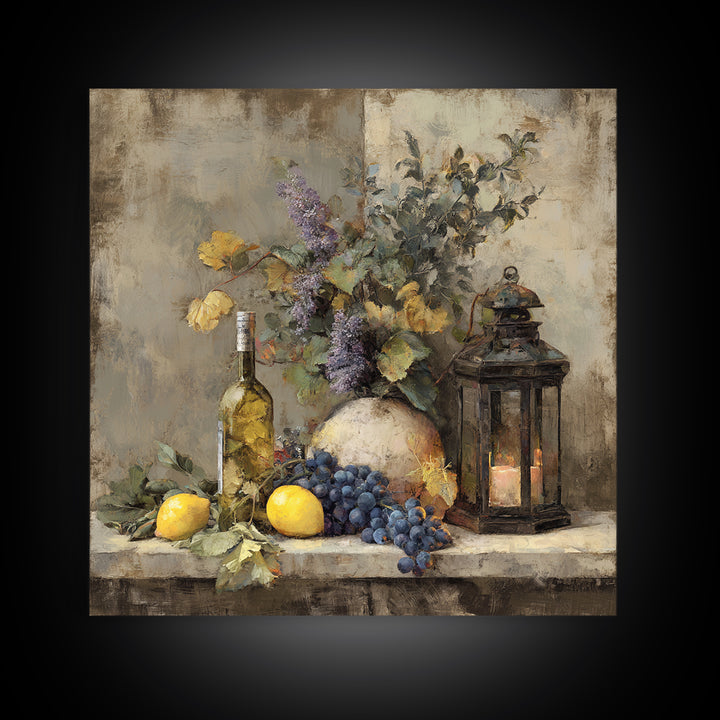 Grapevine and Wine Still Life on Linen Canvas Print, Italian Villa Art, Neutral Wall Art, Living Room Decor, Abstract Art, IVA-1x1-55