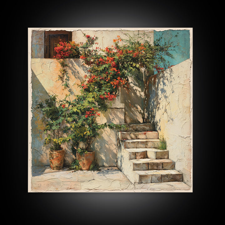 Sunlit Stone Stairway Canvas Print, Italian Villa Art, Rustic Home Decor, Living Room Decor, Fine Art, Villa, Boho Decor, IVA-1x1-59