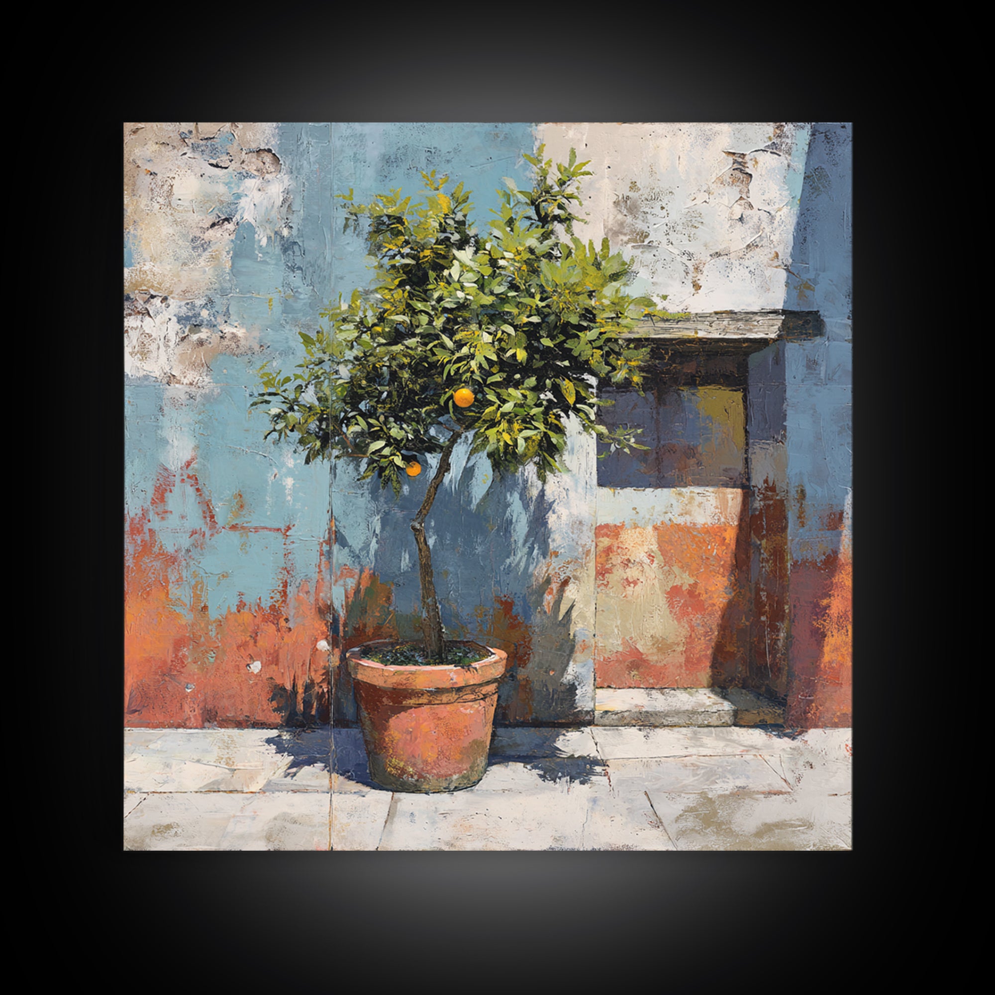 Orange Tree in a Courtyard Planter Framed Canvas Print, Italian Villa Art, Digital Download Art, Living Room Decor, Villa, IVA-1x1-62