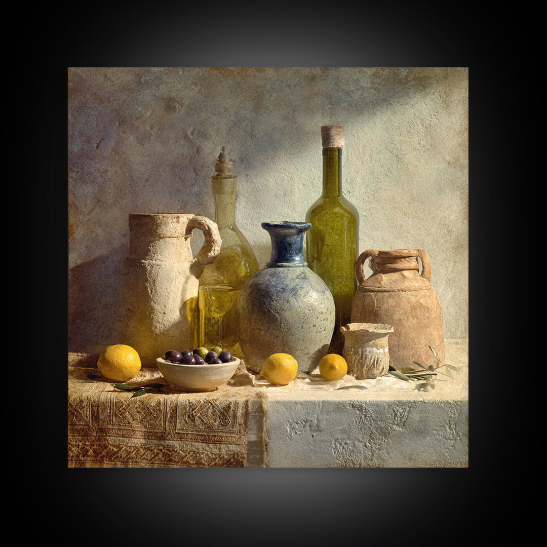 White Wine and Olives Still Life Framed Canvas Print, Italian Villa Art, Farmhouse Wall Art, Living Room Decor, Fine Art, Villa, IVA-1x1-64