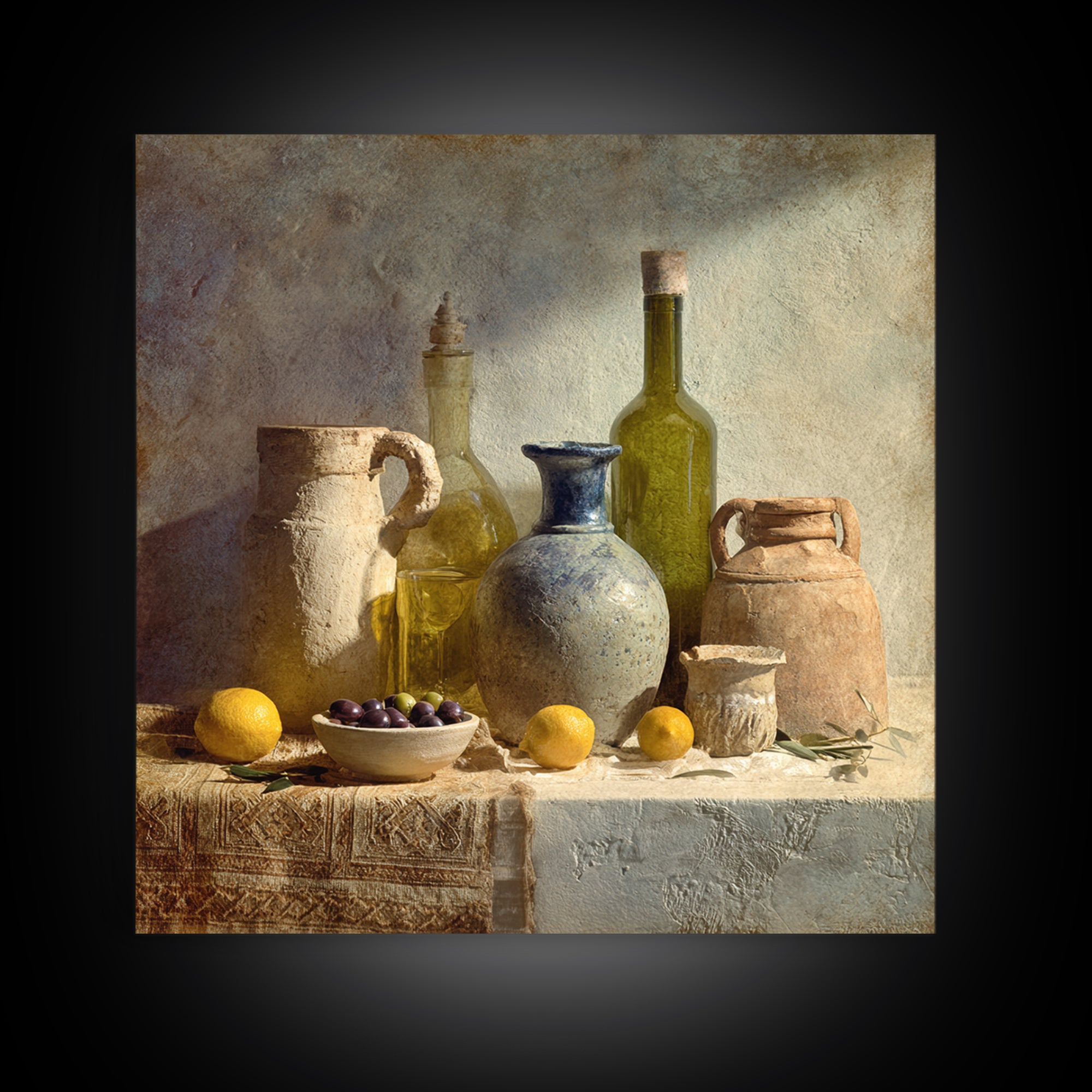 White Wine and Olives Still Life Framed Canvas Print, Italian Villa Art, Farmhouse Wall Art, Living Room Decor, Fine Art, Villa, IVA-1x1-64
