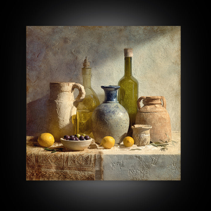 White Wine and Olives Still Life Framed Canvas Print, Italian Villa Art, Farmhouse Wall Art, Living Room Decor, Fine Art, Villa, IVA-1x1-64