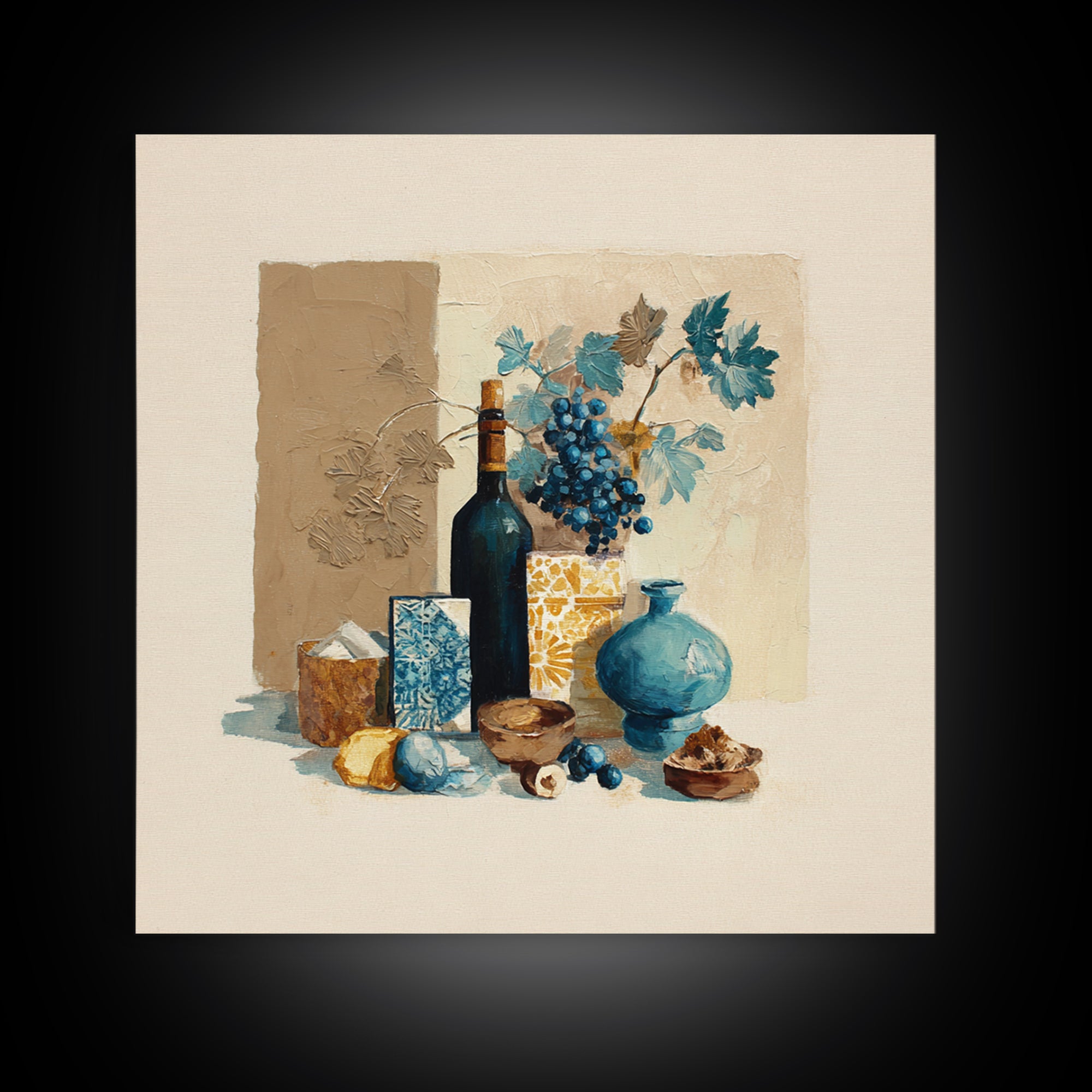 Grapevine and Wine Still Life on Linen Framed Canvas Print, Italian Villa Art, Printable Art, Living Room Decor, Villa, IVA-1x1-7