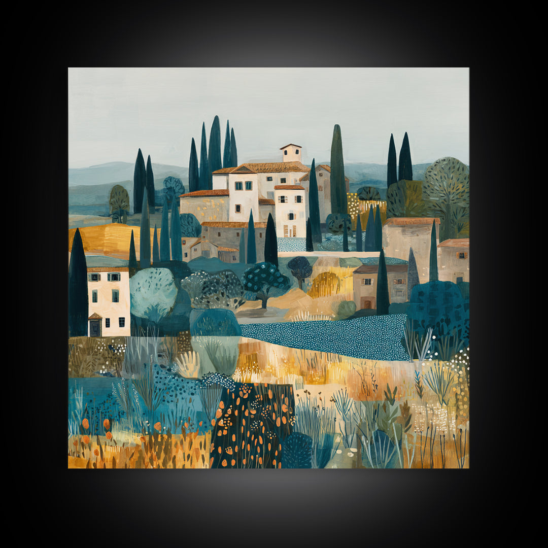 Tuscan Hillside with Cypress Trees and Golden Canvas Print, Italian Villa Art, Digital Art Print, Living Room Decor, Villa, IVA-1x1-73