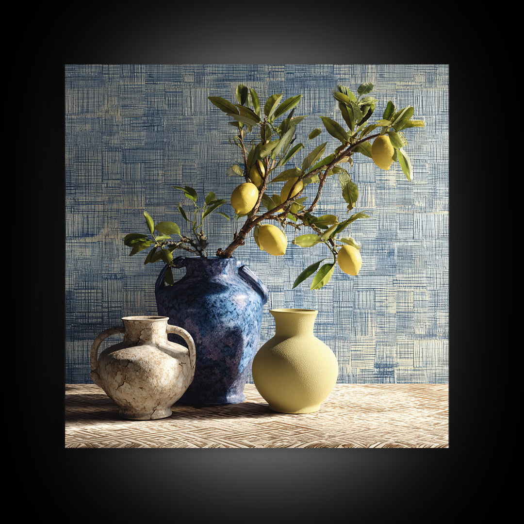 Lemon Branch in Blue Ceramic Vase Framed Canvas Print, Italian Villa Art, Gallery Wall Set, Living Room Decor, Watercolor Art, IVA-1x1-74