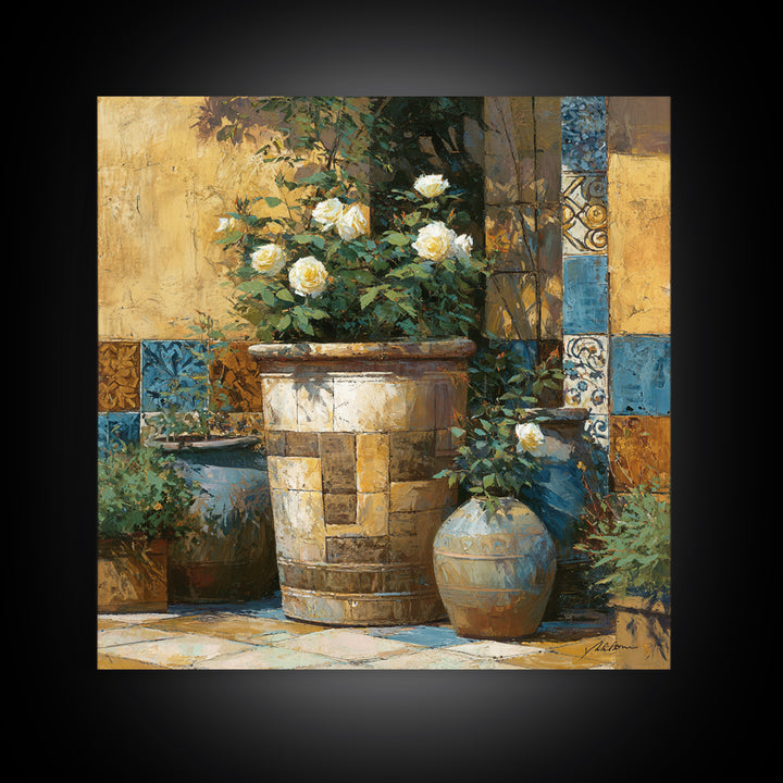 Italian Villa Garden Urn Framed Canvas Print, Italian Villa Art, Travel Poster, Living Room Decor, Villa, Fine Art Print, IVA-1x1-78
