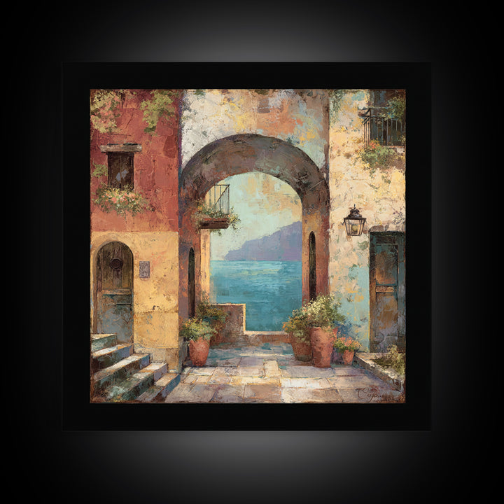 Mediterranean Arch Framing Blue Sea Framed Canvas Print, Italian Villa Art, Home Decor, Living Room Decor, Fine Art, Villa, IVA-1x1-80