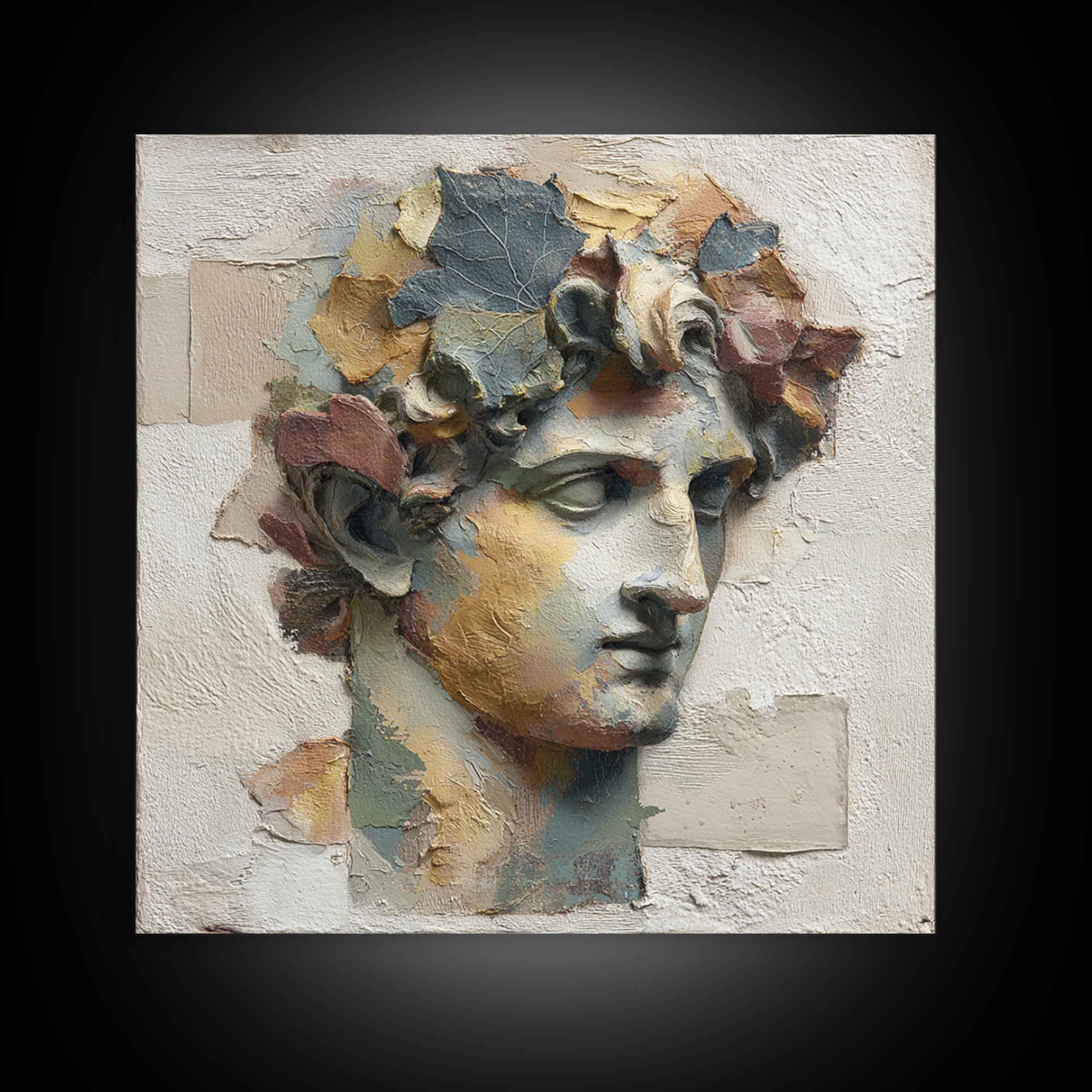 Classic Roman Statue Bust Framed Canvas Print, Italian Villa Art, Landscape Print, Living Room Decor, Abstract Art, Villa, IVA-1x1-84
