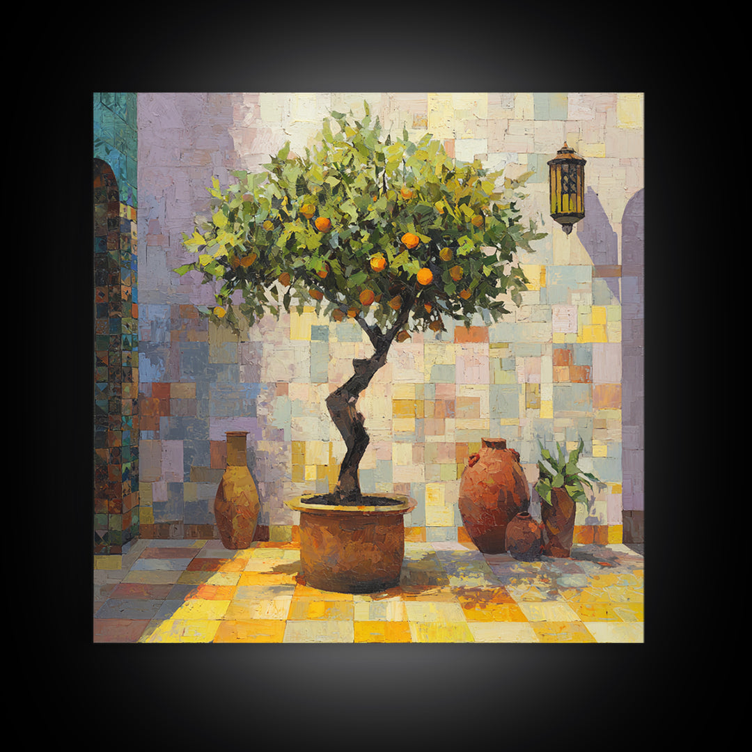 Orange Tree in a Courtyard Planter Canvas Print, Italian Villa Art, Rustic Home Decor, Living Room Decor, Fine Art, Villa, IVA-1x1-86