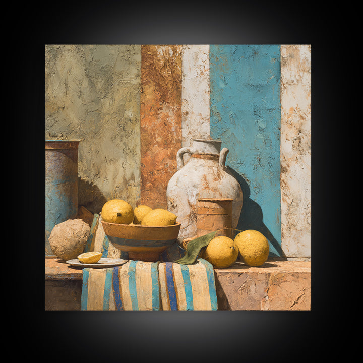 Coastal Lemons and Striped Cloth Arrangement Canvas Print, Italian Villa Art, Printable Wall Art, Living Room Decor, Villa, IVA-1x1-96