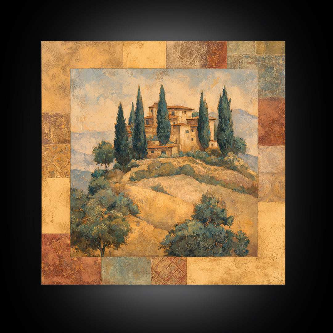 Tuscan Hillside with Cypress Trees and Golden Canvas Print, Italian Villa Art, Living Room Decor, Oil Painting, Villa, IVA-1x1-97