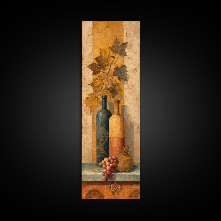 Grapevine and Wine Still Life on Linen Framed Canvas Print, Italian Villa Art, Digital Art Print, Living Room Decor, Villa, IVA-1x3-19