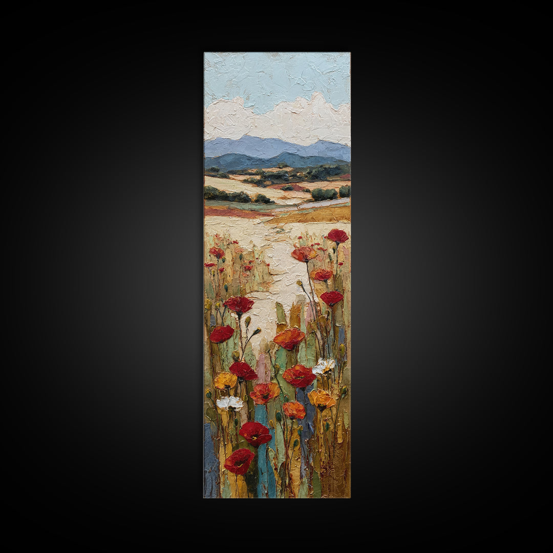 Tuscan Poppy Field Framed Canvas Print, Italian Villa Art, Travel Poster, Living Room Decor, Watercolor Art, Villa, IVA-1x3-3