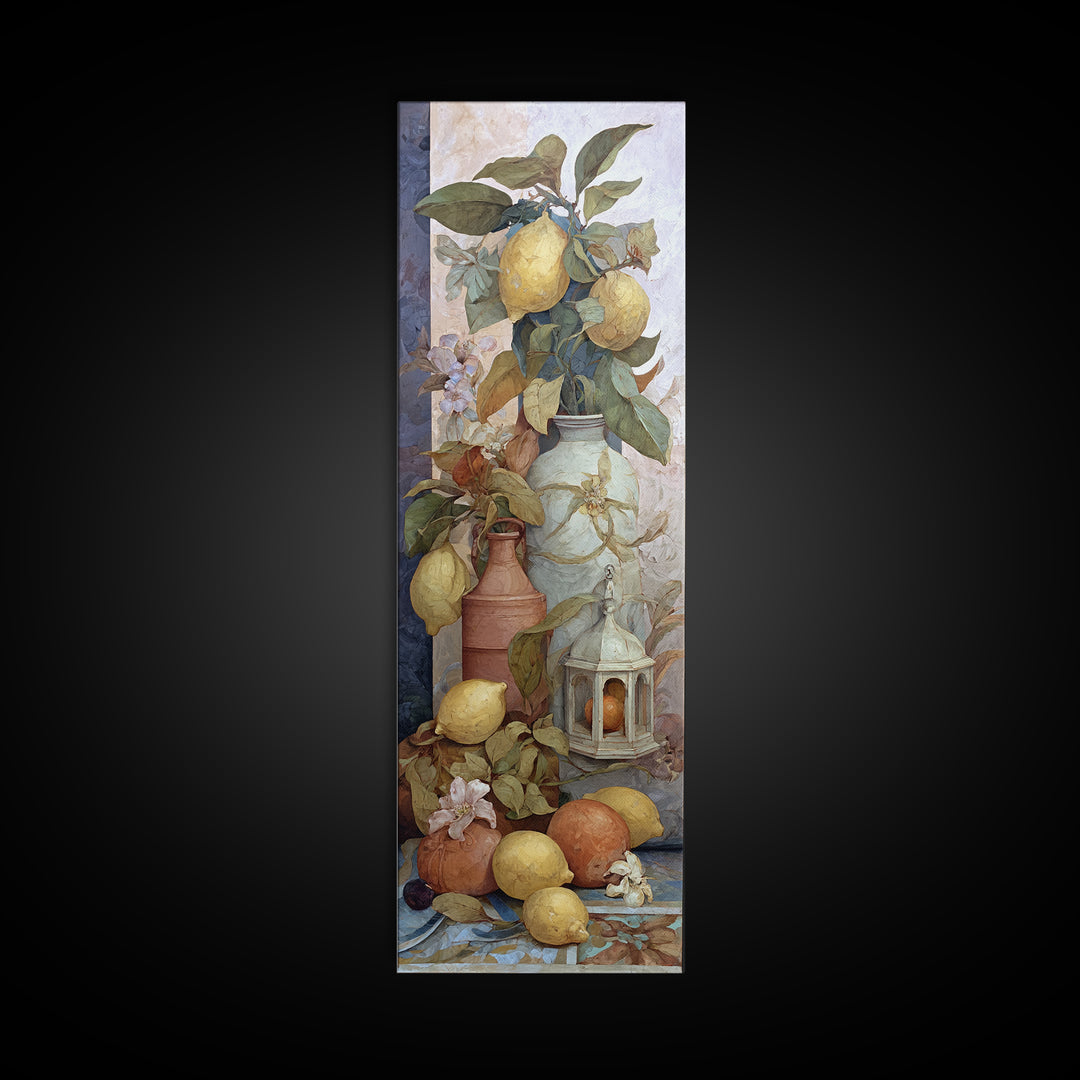 Coastal Lemons and Striped Cloth Arrangement Framed Canvas Print, Italian Villa Art, Landscape Print, Living Room Decor, Villa, IVA-1x3-36