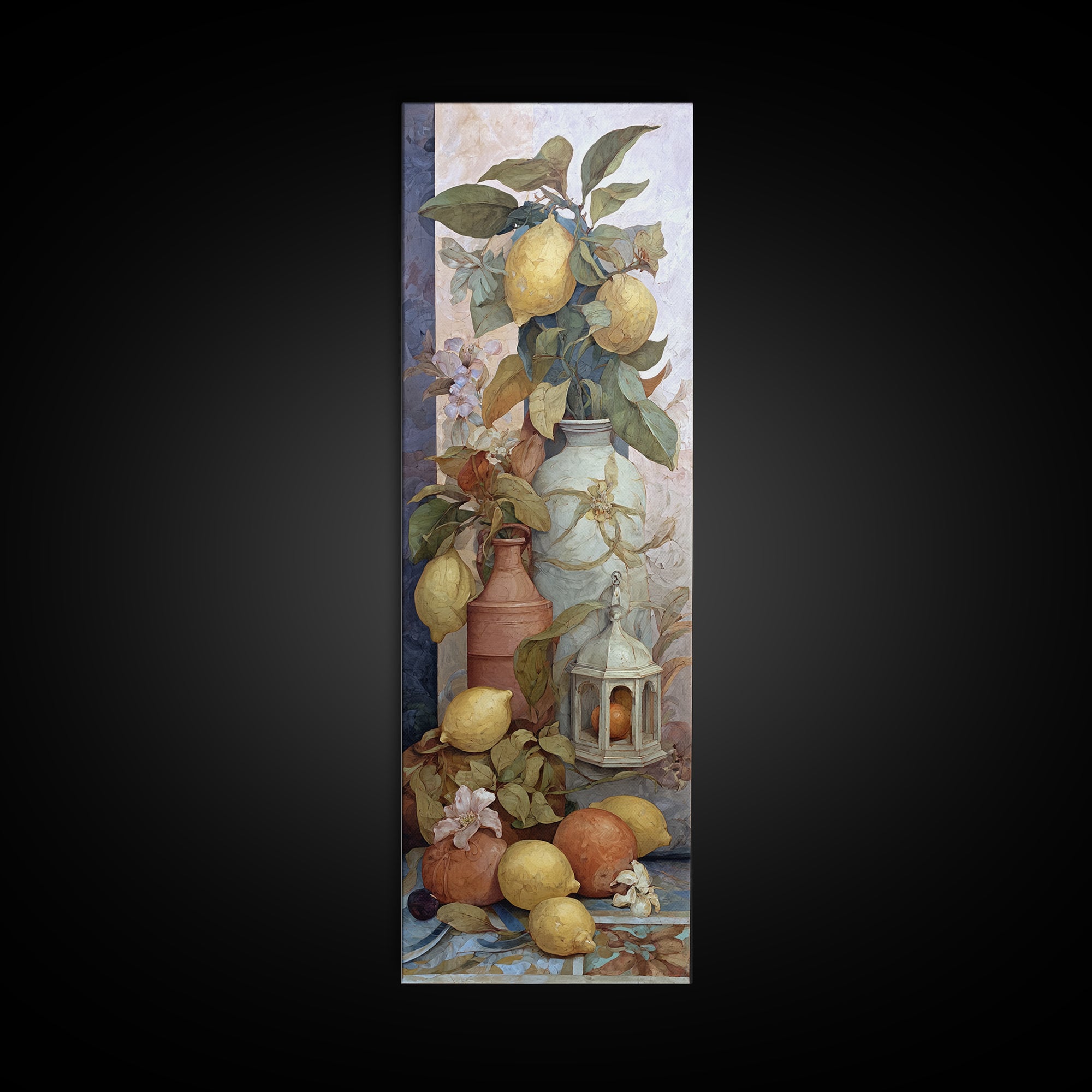 Coastal Lemons and Striped Cloth Arrangement Framed Canvas Print, Italian Villa Art, Landscape Print, Living Room Decor, Villa, IVA-1x3-36