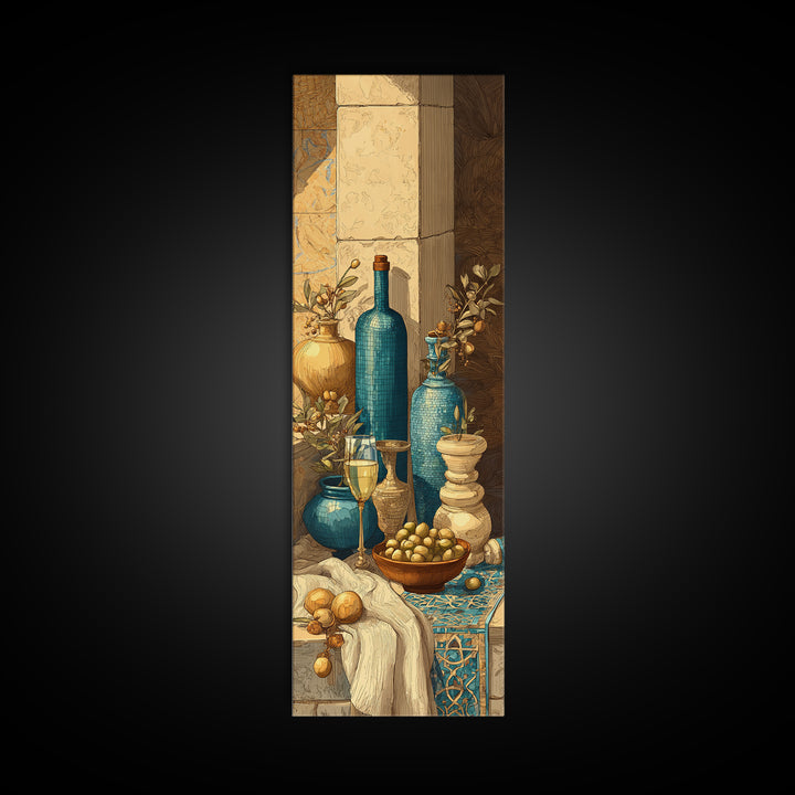 White Wine and Olives Still Life Framed Canvas Print, Italian Villa Art, Colorful Wall Art, Living Room Decor, Fine Art, Villa, IVA-1x3-4