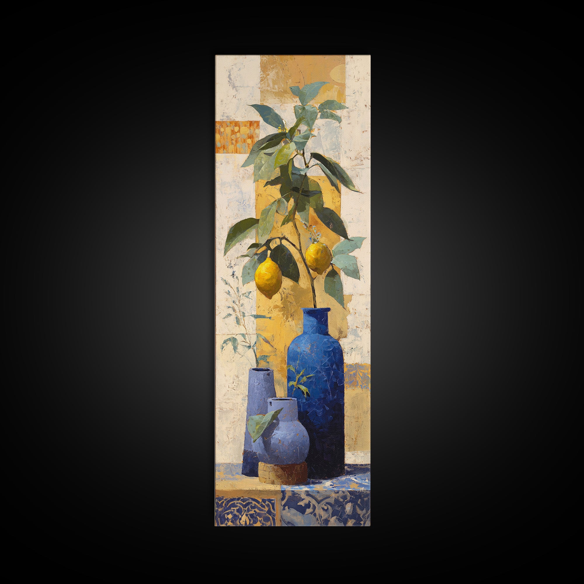 Lemon Branch in Blue Ceramic Vase Framed Canvas Print, Italian Villa Art, Gallery Wall Set, Living Room Decor, Oil Painting, IVA-1x3-62