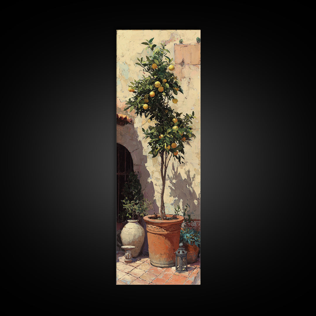 Orange Tree in a Courtyard Planter Framed Canvas Print, Italian Villa Art, Digital Download Art, Living Room Decor, Villa, IVA-1x3-74