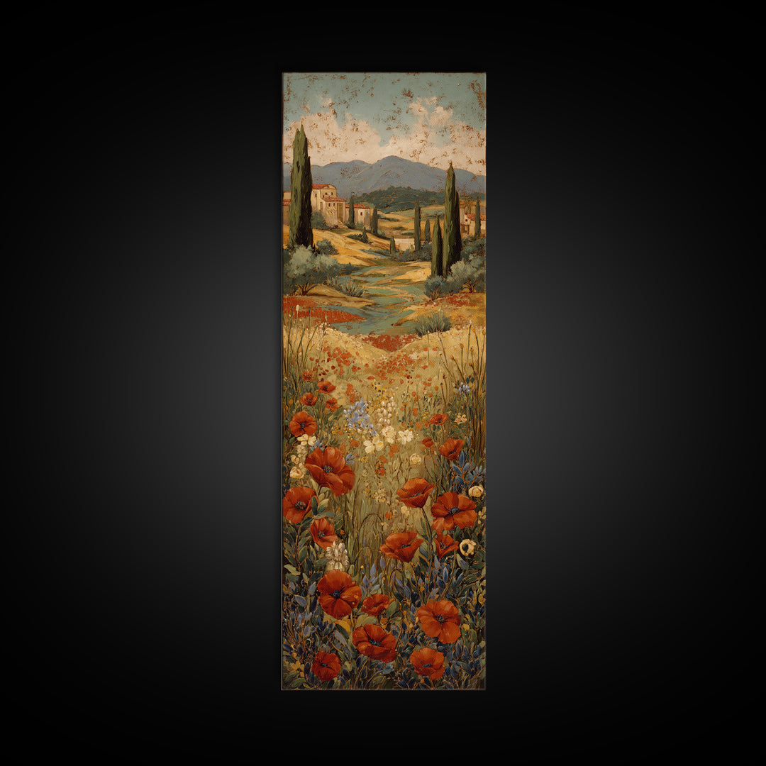 Tuscan Poppy Field Framed Canvas Print, Italian Villa Art, Printable Wall Art, Living Room Decor, Villa, Coastal Wall Art, IVA-1x3-75