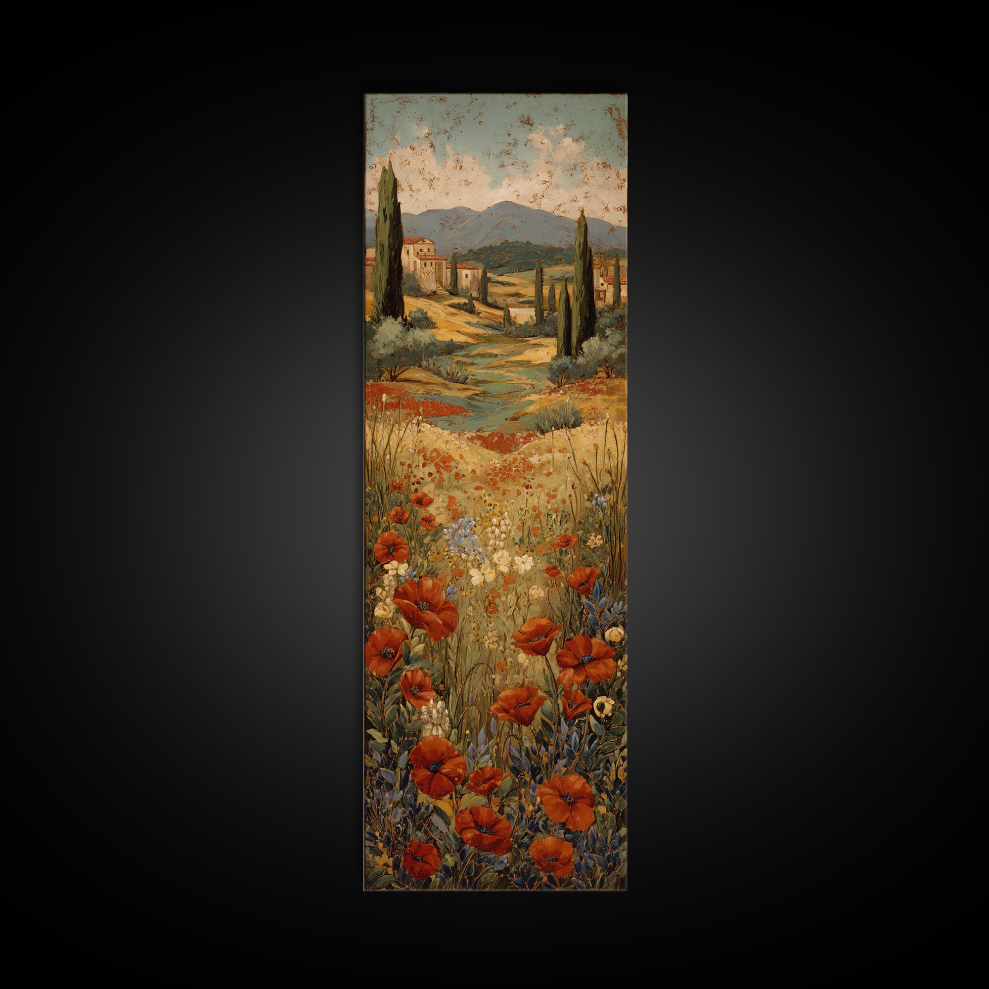 Tuscan Poppy Field Framed Canvas Print, Italian Villa Art, Printable Wall Art, Living Room Decor, Villa, Coastal Wall Art, IVA-1x3-75