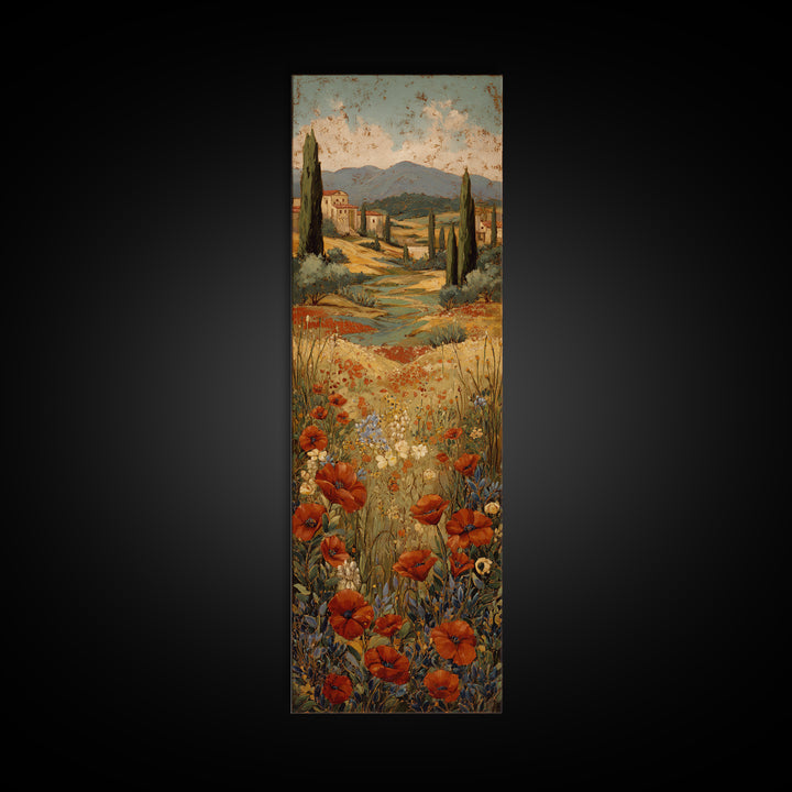 Tuscan Poppy Field Framed Canvas Print, Italian Villa Art, Printable Wall Art, Living Room Decor, Villa, Coastal Wall Art, IVA-1x3-75