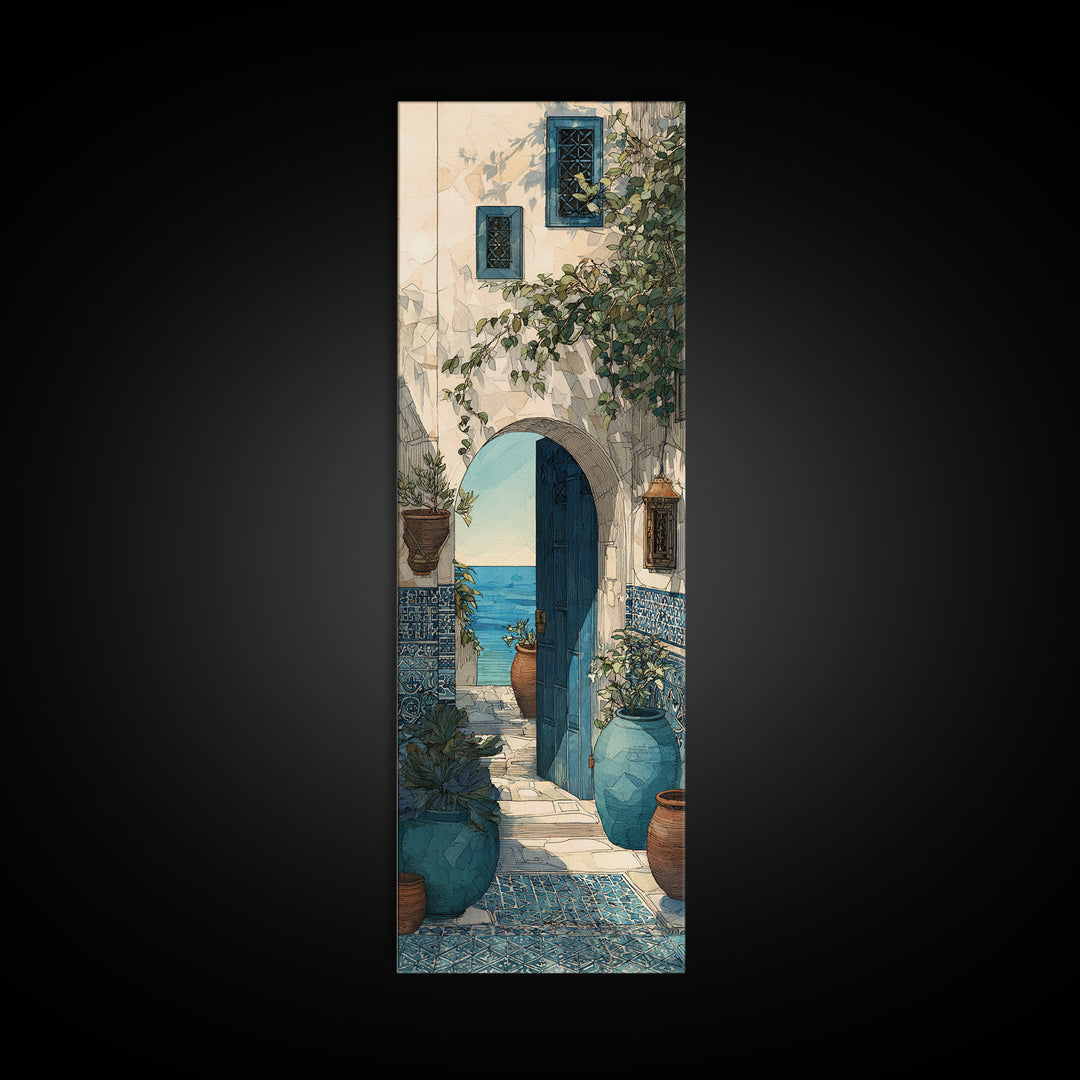 Mediterranean Arch Framing Blue Sea Framed Canvas Print, Italian Villa Art, Contemporary Art, Living Room Decor, Villa, IVA-1x3-92