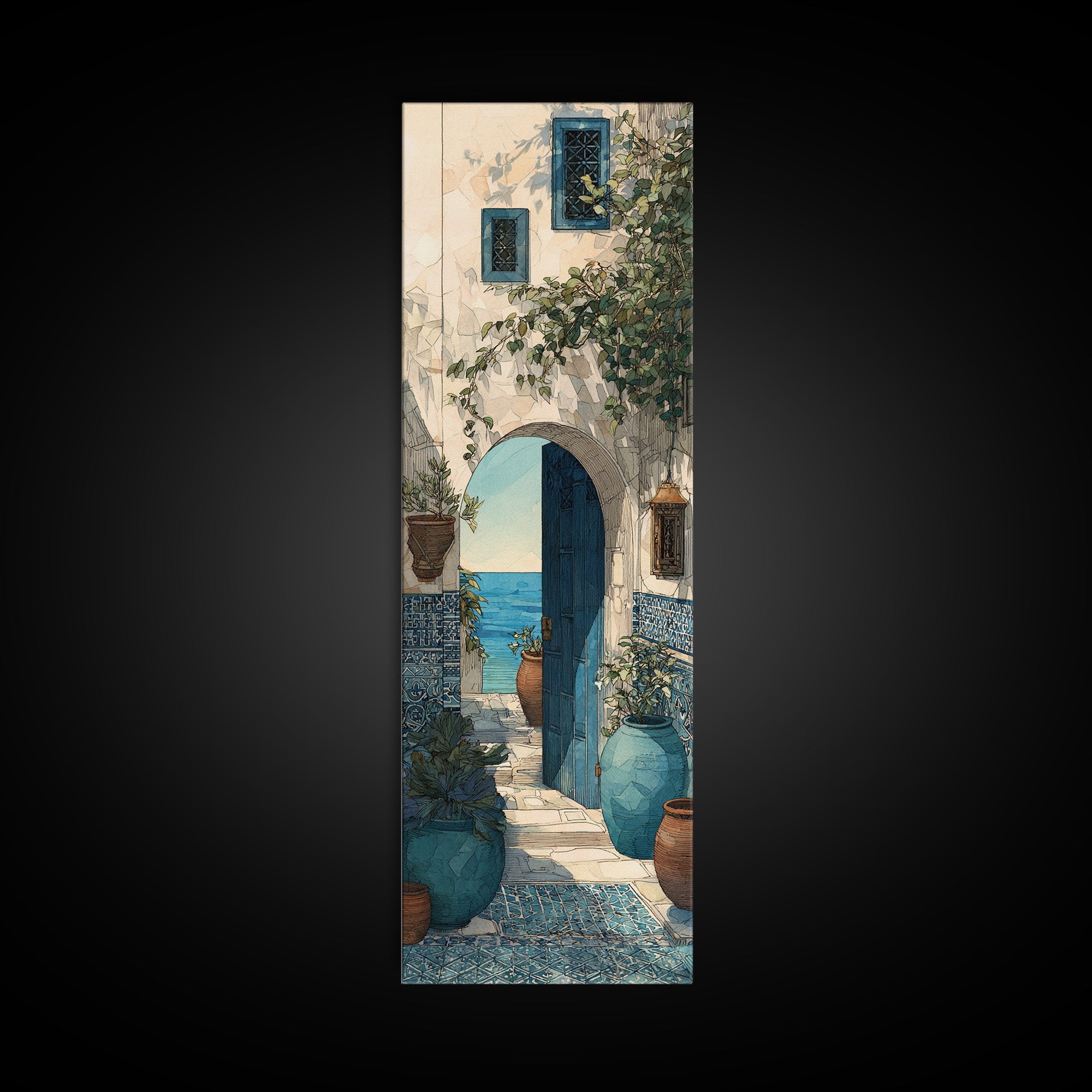 Mediterranean Arch Framing Blue Sea Framed Canvas Print, Italian Villa Art, Contemporary Art, Living Room Decor, Villa, IVA-1x3-92