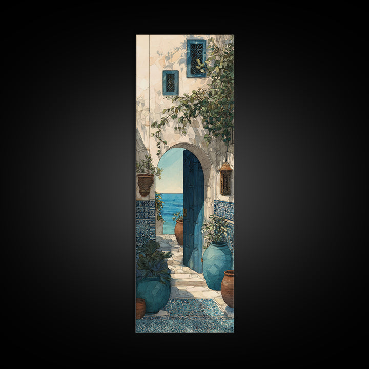 Mediterranean Arch Framing Blue Sea Framed Canvas Print, Italian Villa Art, Contemporary Art, Living Room Decor, Villa, IVA-1x3-92