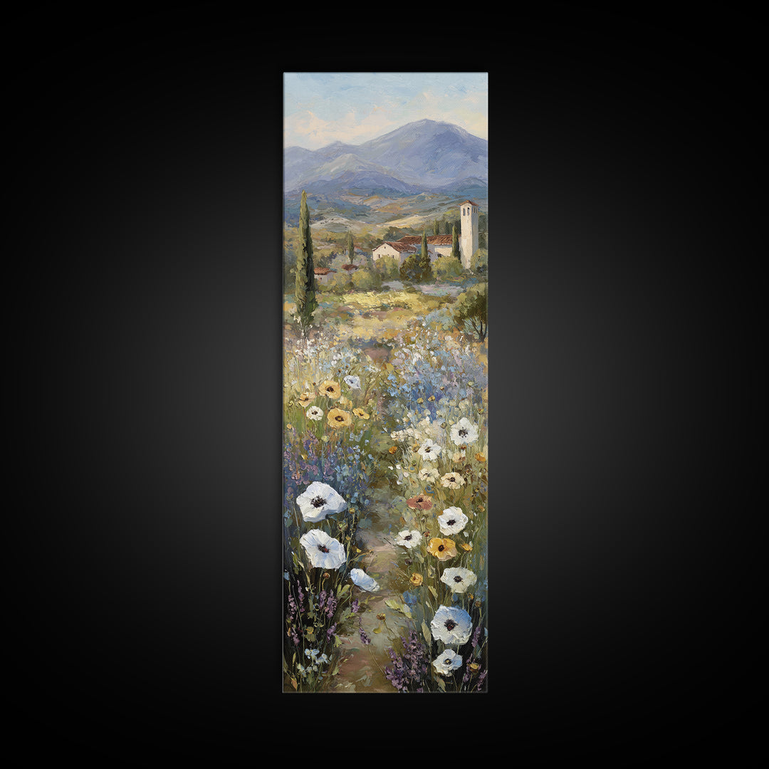 Tuscan Poppy Field Canvas Print, Italian Villa Art, Framed Wall Art, Living Room Decor, Watercolor Art, Villa, IVA-1x3-99
